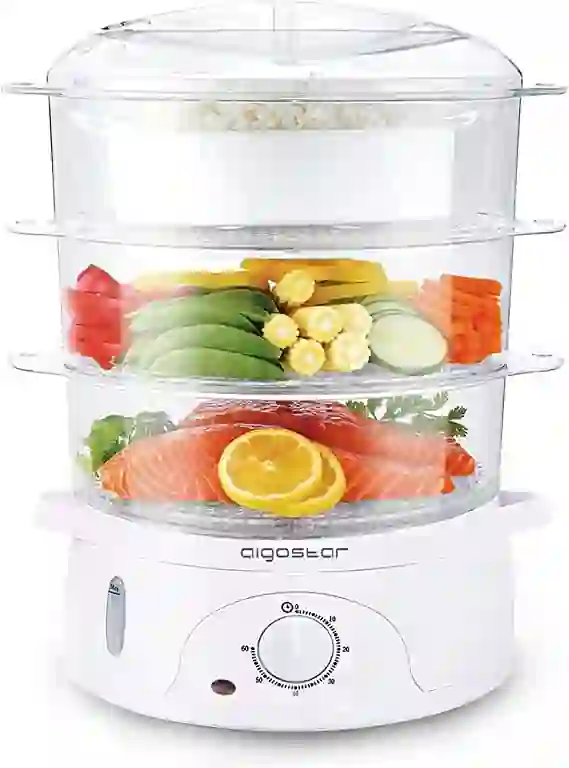 Aigostar Fitfoodie 30CFO Cuiseur vapeur electrique 0 BPA. Puissance de 800W minuterie 3 niveaux independants de cuisson. Cuisine saine. Design